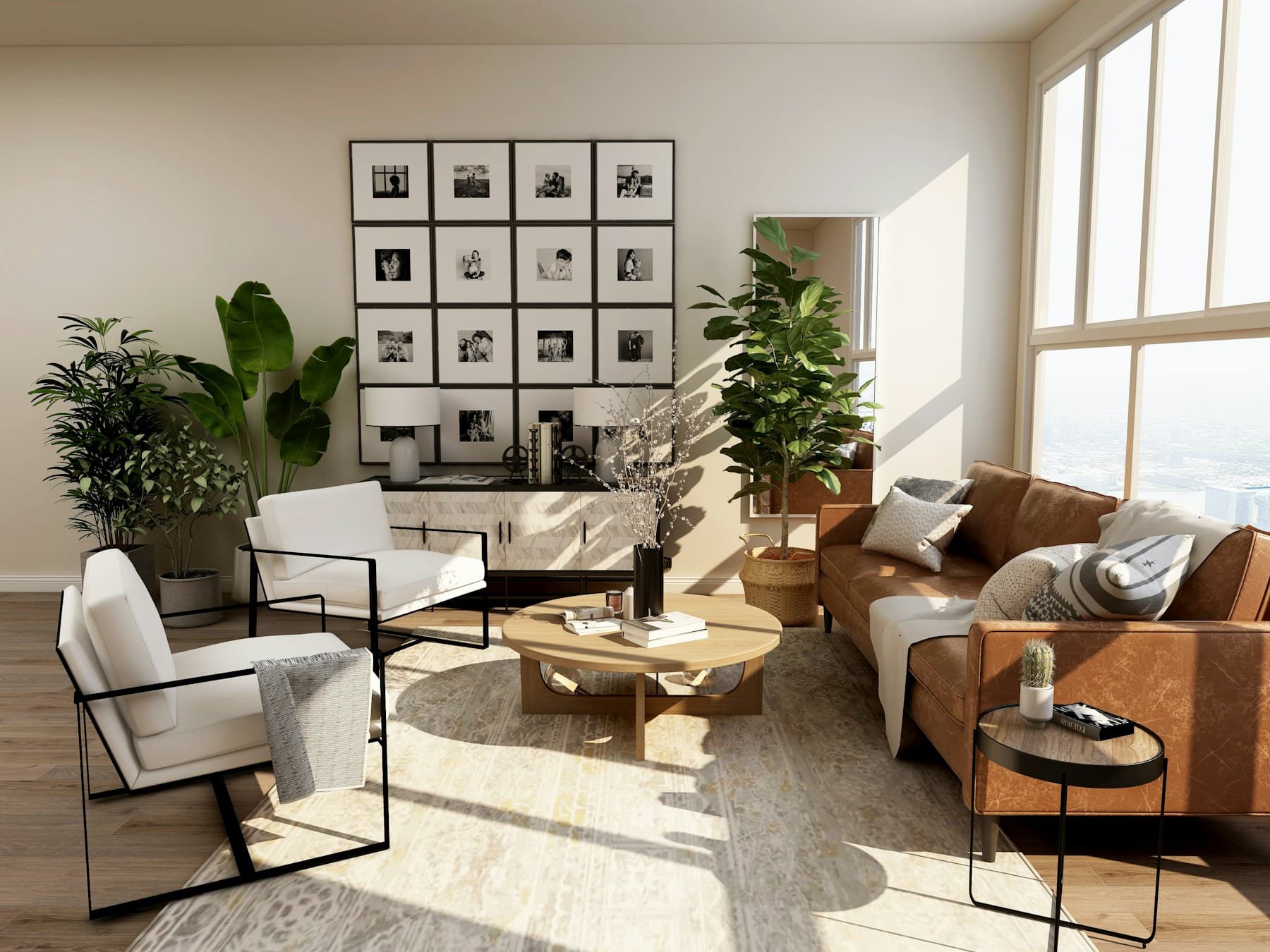 Sunlit contemporary living room with natural furniture and garden views